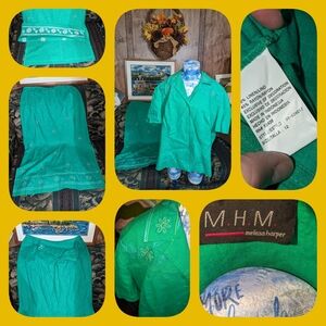 M.H.M Green Embroidered Vtg Top/Skirt Set